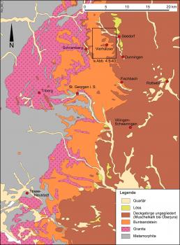 Vereinfachte geologische Karte des südlichen Nord- und östlichen Zentralschwarzwalds Blick auf eine vereinfachte geologische Karte. Gezeigt wird ein Ausschnitt des Schwarzwaldes von Titisee-Neustadt bis Rottweil und Schramberg sowie farblich abgegrenzte Bereiche unterschiedlicher Gesteinsschichten.