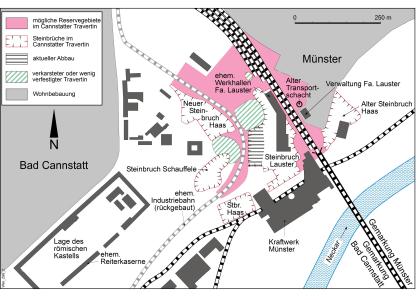 Schematische Karte: Travertinsteinbrüche in Stuttgart-Bad Cannstatt und -Münster Schematische Karte, in der Travertin-Steinbrüche sowie Lage und Ausdehnung von Restvorräten in Stuttgart-Bad Cannstatt und Umgebung dargestellt sind.