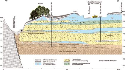 Geologischer Schnitt durch das Vorkommen von Süßwasserkalken bei Gauingen Geologische Schnittzeichnung, die das Vorkommen von Süßwasserkalken bei Gauingen aufzeigt.
