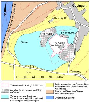 Geologische Situation bei der Ortschaft Gauingen Vereinfachte Karte der Ortschaft Gauingen, das die dortige Geologie aufzeigt. Eingezeichnet ist die Verbreitung von Travertin sowie die Lage von Steinbrüchen.