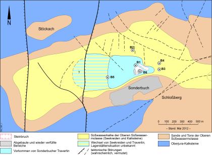 Geologische Situation bei Zwiefalten-Sonderbuch Vereinfachte Karte, auf der bekannte und vermutete Travertinvorkommen, Störungen, Steinbrüche und Bohrungen im Gebiet von Zwiefalten-Sonderbuch eingezeichnet sind.