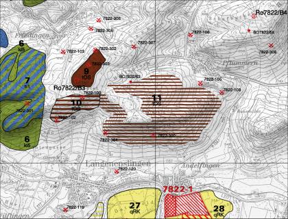 Ausschnitt aus der Karte der mineralischen Rohstoffe mit den Süßwasserkalkvorkommen bei Langenenslingen Ausschnitt einer Karte mit einfarbig gehaltenem Hintergrund und farbig hervorgehobenen Flächen mineralischer Rohstoffe.