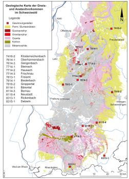 Geologische Karte mit der Verbreitung metamorpher Gesteine im Schwarzwald Geologische Karte, auf der die Gneis- und Anatexitvorkommen im Schwarzwald als farbige Flächen aufgezeigt sind.