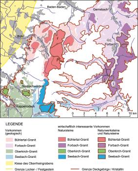 Auszug aus der Karte der mineralischen Rohstoffe (L 7312 Rheinau und L 7314 Baden-Baden) Mehrere Blätter der mineralischen Rohstoffkarte mit farbig dargestellten Vorkommen von Natursteinen und Naturwerksteinen.