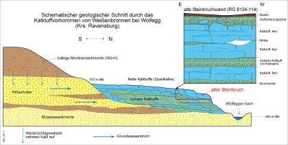 Schematischer geologischer Schnitt durch das Kalktuffvorkommen von Weißenbronnen bei Wolfegg-Alttann Zweiteilige, mehrfarbige Schnittzeichnung mit der Darstellung von Kalktuffvorkommen bei Wolfegg unterhalb eines Moränenhügels sowie einer Steinbruchwand.
