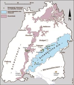 Übersichtskarte mit den wichtigsten Kalktuffvorkommen in Baden-Württemberg Zu sehen ist eine vereinfachte Übersichtskarte von Baden-Württemberg. Bedeutende Vorkommen von Kalktuffen sind als grüne Punkte eingezeichnet.