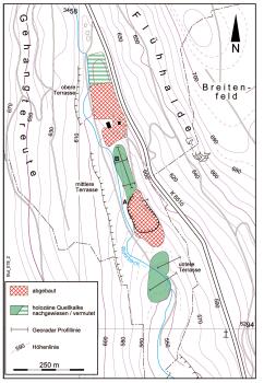 Holozäne Kalktuffvorkommen und Tuffsteinbrüche im Rohrbachtal bei Wutach-Lembach Vereinfachte Übersichtskarte, mit farbiger Darstellung von Kalktuffvorkommen und Tuffsteinbrüchen bei Wutach-Lembach.