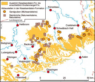 Karte der früheren Abbaustellen im Kieselsandstein Vereinfachte, mehrfarbige Übersichtskarte mit der Lage von Sandgruben und Steinbrüchen im Kieselsandstein, etwa zwischen Filderstadt im Südwesten und Crailsheim im Nordosten.