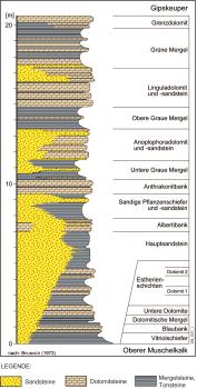Normalprofil für den Lettenkeuper bzw. Unterkeuper im nordöstlichen Baden-Württemberg Grafische Darstellung des Vorkommens verschiedener Gesteinsarten mittels Säulenprofil. Farbig unterschieden werden Sand-, Dolomit-, Ton- und Mergelsteine zwischen Gipskeuper und Oberem Muschelkalk.