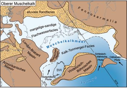 Verteilung von Land und Meer im höheren Oberen Muschelkalk in Mitteleuropa Mehrfarbige Übersichtskarte von Mitteleuropa, in der die Verteilung von Land und Meer im Oberen Muschelkalk dargestellt ist.