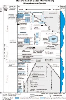 Lithostratigraphische Übersicht für den Muschelkalk in Baden-Württemberg mit Kennzeichnung der früher und heute genutzten Werksteinhorizonte Grafische Übersicht des Muschelkalks in Baden-Württemberg mit Werksteinhorizonten.