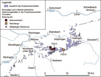 Karte des Ausstrichs des Posidonienschiefers zwischen Nürtingen und Schwäbisch Gmünd Vereinfachte Übersichtskarte mit dem Verbreitungsgebiet von Posidonienschiefer zwischen Nürtingen und Schwäbisch Gmünd. Der Schiefer ist violett (auf weiß) dargestellt.