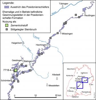 Karte des Ausstrichs des Posidonienschiefers zwischen Schömberg und Reutlingen Vereinfachte Übersichtskarte mit dem Verbreitungsgebiet von Posidonienschiefer zwischen Schömberg und Reutlingen. Der Schiefer ist violett (auf weiß) dargestellt.