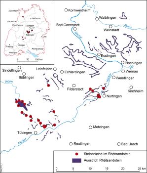 Karte der Steinbrüche zur Gewinnung von Rhätsandstein in Baden-Württemberg Vereinfachte Übersichtskarte vom Gebiet Tübingen–Nürtingen, mit der Lage von Steinbrüchen, in denen Rhätsandstein gewonnen wurde.