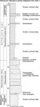 Geologisches Idealprofil für den Bereich des Steinbruchs Hägnach Einfarbiges Säulenprofil vom Steinbruch Hägnach bei Tübingen, mit Rhätsandstein zwischen Ton- und Kalksteinen.