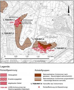 Vorkommen von Rhätsandstein nördlich von Tübingen nahe den Teilorten Lustnau und Pfrondorf Ausschnitt aus der topographischen Karte L 7520. Farbig hervorgehoben sind die Vorkommen von Naturwerksteinen (braun) sowie Abbaugebiete (rot schraffiert) und Rohstoffbohrungen (rote Punkte) im Gebiet zwischen Pfrondorf und Lustnau.