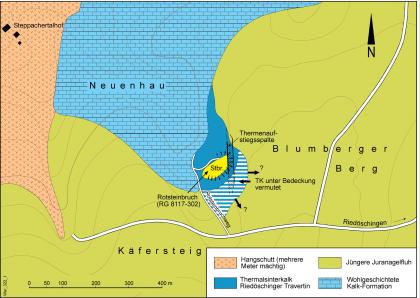 Geologische Situation im Gebiet des Travertinvorkommens westlich von Riedöschingen Mehrfarbige Karte mit dem Vorkommen von Travertin westlich von Riedöschingen. Im Zentrum des Travertins liegt ein Steinbruch.