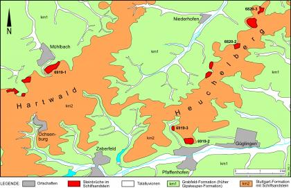 Geologische Übersichtskarte für das Gebiet von Hartwald und Heuchelberg Geologische Übersichtskarte mit farbig hervorgehobenen Verbreitungsflächen von Schilfsandstein der Stuttgart-Formation im Gebiet von Hartwald und Heuchelberg.