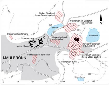Karte der Stadt Maulbronn mit ihrem Klosterkomplex und den Steinbrüchen im Schilfsandstein Vereinfachte Übersichtskarte von Maulbronn und Klosteranlage sowie farbig dargestellten Steinbrüchen im Schilfsandstein.