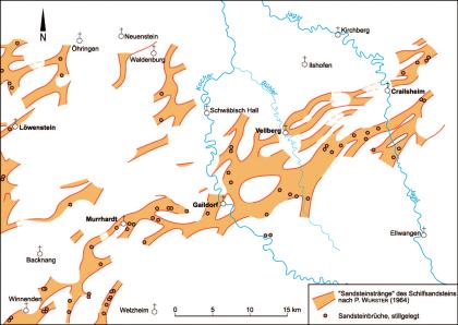 Rinnenfazies in der Stuttgart-Formation und daran gebundene Schilfsandsteinbrüche zwischen Winnenden und Crailsheim Vereinfachte Übersichtskarte mit farbig hervorgehobenen Verbreitungsflächen der „Sandsteinstränge“ des Schilfsandsteins im Dreieck Öhringen–Winnenden–Crailsheim.