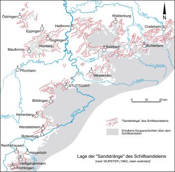 Vereinfachte Übersichtskarte der Lage der „Sandstränge“ des Schilfsandsteins im Dreieck Östringen–Crailsheim–Trichtingen.