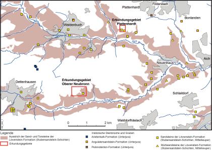 Übersichtskarte des Gebiets von Dettenhausen bis Plattenhardt Vereinfachte Übersichtskarte des Gebietes Waldenbuch–Aich–Dettenhausen, dargestellt sind das Vorkommen von Stubensandstein (in farbigen Flächen) sowie die Lage alter Steinbrüche und neuer Erkundungsgebiete.