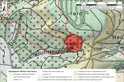 Übersichtskarte der Rutschung am Kirchsteigtobel Übersichtskarte einer Rutschung, welche als rote Fläche in die topographische Karte eingezeichnet ist. Rechts oben befindet sich ein Maßstab, unten mittig eine Legende.