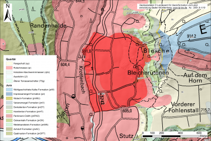 Geologische Situation im Umfeld der Hangrutschung Eichberg Farbig angelegte Geologische Karte. Über die Geologischen Formationen ist eine rot eingefärbte Hangrutschung gelegt.