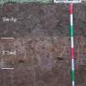 Das Bild zeigt ein aufgegrabenes Bodenprofil unter Acker. Das Profil ist durch eine beschriftete Kreidetafel als Musterprofil des LGRB ausgewiesen. Das graubraune, in der Mitte von einem helleren Streifen durchzogene Profil ist 1 m tief.