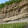 Das Bild zeigt eine steil aufragende, unregelmäßig geformte Felswand oberhalb eines Rebhanges. Die Kuppe der graubraunen Felswand ist bewaldet.