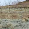 Teilansicht einer Abbauwand in einer Ziegeleigrube. Zu sehen sind rötlich gestreifte Mergelschichten über grauem Sand.