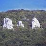 Das Bild zeigt fünf weiße, unterschiedlich große Felstürme, die wie Zähne oder Finger aus einem dicht bewaldeten Berghang hervorstehen.