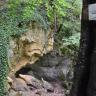 Blick auf eine links der Bildmitte befindliche, von vorspringenden, stark bewachsenen Felsen fast verdeckte kleine Höhle. Höhle und Felsen liegen am unteren Ende eines steilen Waldhanges.
