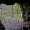 Blick aus dem Inneren einer Höhle nach draußen auf Wald und angrenzende Wanderwege. Der Höhleneingang ist rechteckig und oben gezackt.