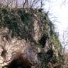 Blick auf einen teils stark überwucherten Felshang, der nach rechts hin endet. Links unten, am Fuß des Felshanges, öffnet sich eine bogenförmige Höhle.