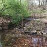 Blick auf einen Quellaustritt mit Uferböschung. Der untere Teil des Ufers besteht aus Natursteinen. Darüber stehen dünne Bäume. Rechts, zwischen Ufer und lichtem Wald, verläuft ein Fußweg mit Treppe.