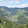 Blick auf eine Schwarzwald-Landschaft mit mehreren bewaldeten Bergen, teils waldfreien Hängen sowie einer verstreuten Ortschaft.