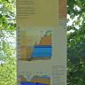 Blick auf eine aufrecht stehende Infotafel mit Erklärungen zur Molasse auf dem Geologischen Lehrpfad Sipplingen. Zwei untereinander aufgezeichnete farbige Querschnitte der Landschaften um Sipplingen ergänzen die Tafel.