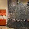 Blick in einen Ausstellungsraum des Staatlichen Museums für Naturkunde Karlsruhe. Thema des Raumes ist die „Geologie des Oberrheins“. Rechts steht die Nachbildung eines schwärzlichen Vulkankegels mit Gesteinsfunden. Links steht eine farbige Infotafel.