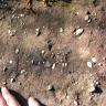 Nahaufnahme von rötlich braunem Sand und kleinen darin eingelagerten Steinen. Die Finger einer Hand links unten dienen als Größenvergleich.