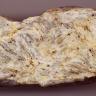 Großaufnahme eines länglichen Steins mit teils abgerundeten Kanten. Die glattgeschliffene Schauseite ist weißlich grau mit gelben Sprenkeln.