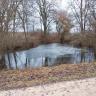 Blick auf einen Teich oder Hüle mit flachem Ufer im Vordergrund. Die hinteren, dreieckig zulaufenden Ufer sind mit Bäumen und Büschen bewachsen.