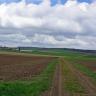 Über zwei dunkelbraune, durch einen Fahrweg getrennte Äcker im Vordergrund geht der Blick über welliges Gelände mit grünen Hügeln und Wiesen. Im Hintergrund finden sich rechts langgestreckte bewaldete Bergrücken und links eine Siedlung.