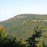 Blick aus großer Entfernung auf einen hohen, bewaldeten Bergrücken. Links oben ragen rötliche Felszinnen aus dem Bergwald, rechts tauchen einzelne Häuser zwischen den Bäumen auf.