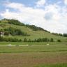 Blick über Ackerflächen, Reben und eine Straße auf einen vereinzelt bewaldeten, von einer Burg gekrönten Hügel.