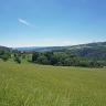 Blick auf einen nach rechts abfallenden, von einem Weg begrenzten Wiesenhang. Dahinter sowie im Hintergrund folgen Wald und bewaldete Berghänge. Links der Bildmitte ist eine Ortschaft zu erkennen.