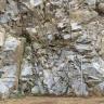 Blick auf eine Abbauwand eines Steinbruchs. Das anstehende Gestein ist hell- bis mittelgrau, sehr heterogen und stark deformiert. Vor der hohen Wand steht ein Maßstab.