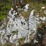 Blick von oben auf eine Felsgruppe, die entlang eines Waldhanges abwärts verläuft. Das weißlich graue Gestein ist gestuft und gerundet, zudem auf der Kuppe und in Zwischenräumen bemoost und bewachsen.