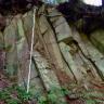 Aufschluss im Wald: Das Gestein ist dunkelrot mit Lila-Stich, teilweise grünlich angewittert und steht in großen Säulen an, welche leicht nach hinten links verkippt sind.