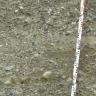 Das Bild zeigt gröbere und feinere Kiese, die in hellbraunem Bodenmaterial eingebacken sind. Ein Maßstab rechts zeigt die Größenverhältnisse an.